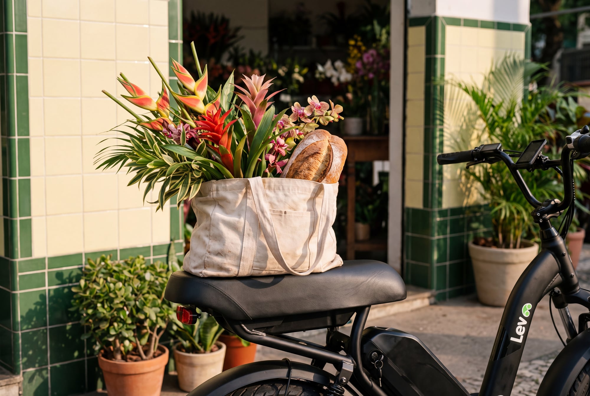 Flores e pão em uma bolsa sobre o banco de uma Lev, diante de uma floricultura
